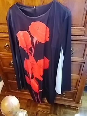 Black Midi Dress with Red Rose Print - Women's Elegant Floral Midi